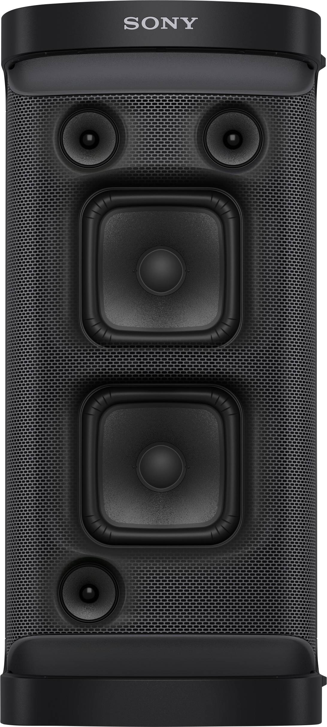 Ein schwarzer Lautsprecher mit drei großen und vier kleinen Lautsprechern vorne. Oben befindet sich das Logo einer bekannten Elektronikmarke.