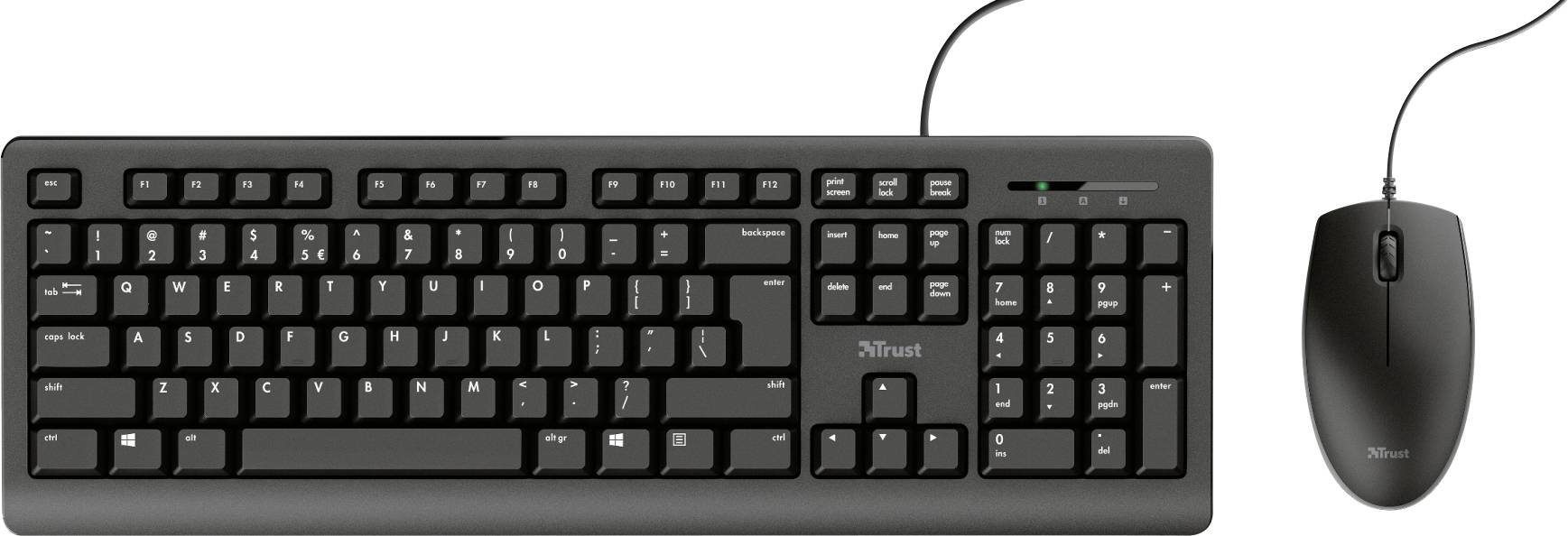Eine schwarze kabelgebundene Tastatur und Maus von Trust, mit deutschem Tastaturlayout.