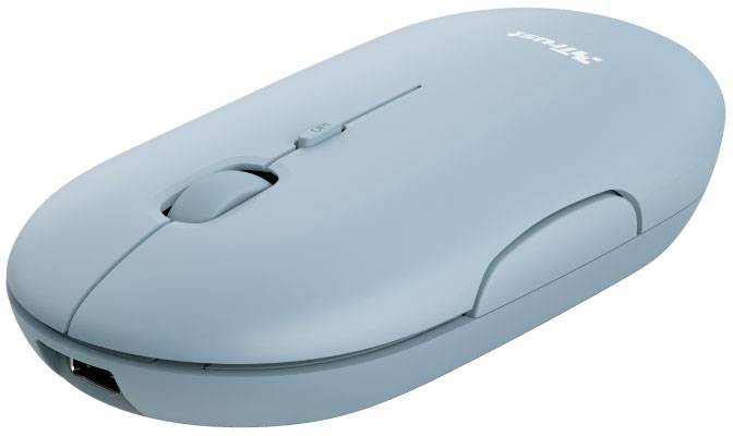 Kabellose, blaue Computermaus mit Scrollrad und zwei Tasten.