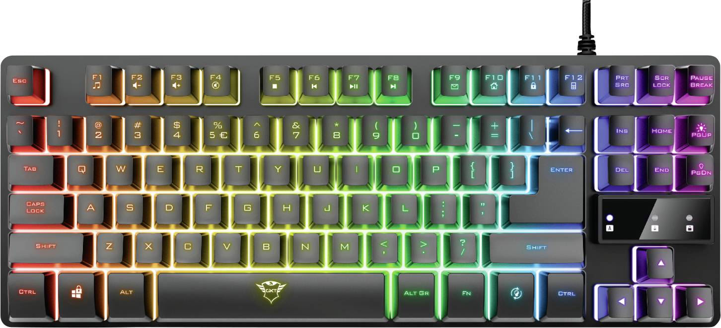 Eine mechanische Tastatur mit RGB-Beleuchtung in Regenbogenfarben. Vollständiges Tastenlayout mit schwarzer Basis und USB-Anschluss.