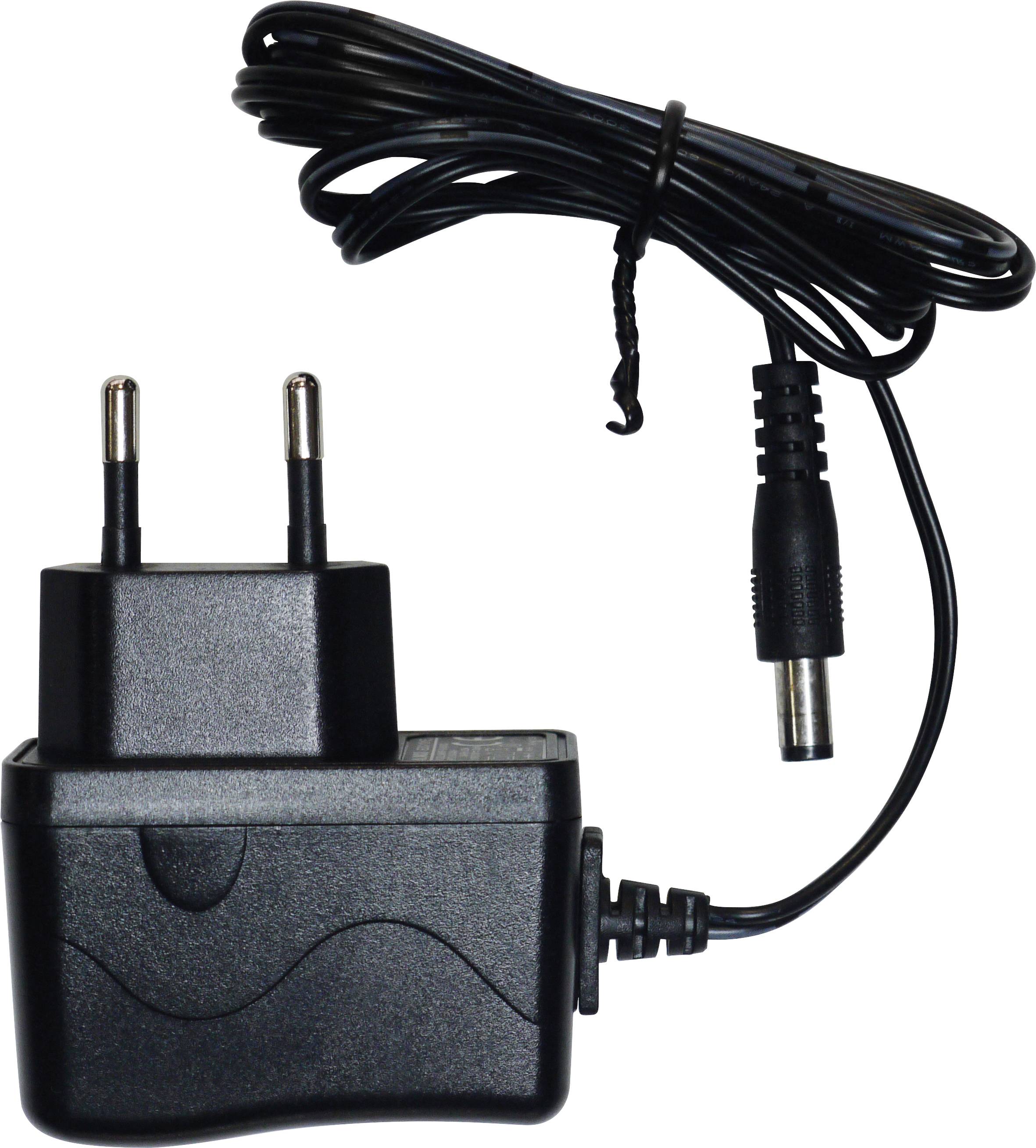 Ein schwarzes Netzteil mit EU-Stecker und dünnem Kabel.