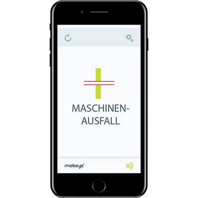 Handybildschirm zeigt das Wort 'MASCHINENAUSFALL' mit einem gelben Kreuz darüber. Oben links ein Aktualisierungssymbol, unten das Logo 'mobeye'.