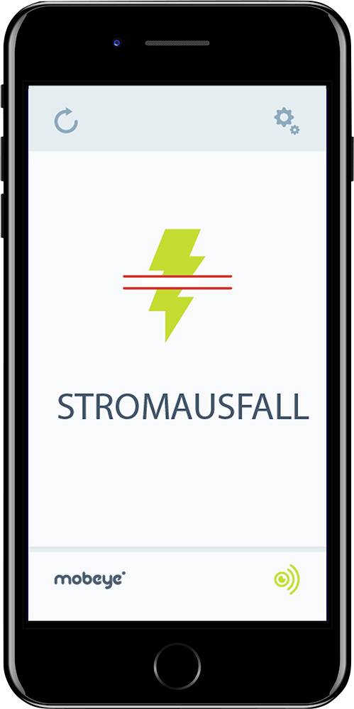 Ein Smartphone-Bildschirm zeigt eine Warnung mit einem gelben Blitzsymbol und dem Text 'STROMAUSFALL'.