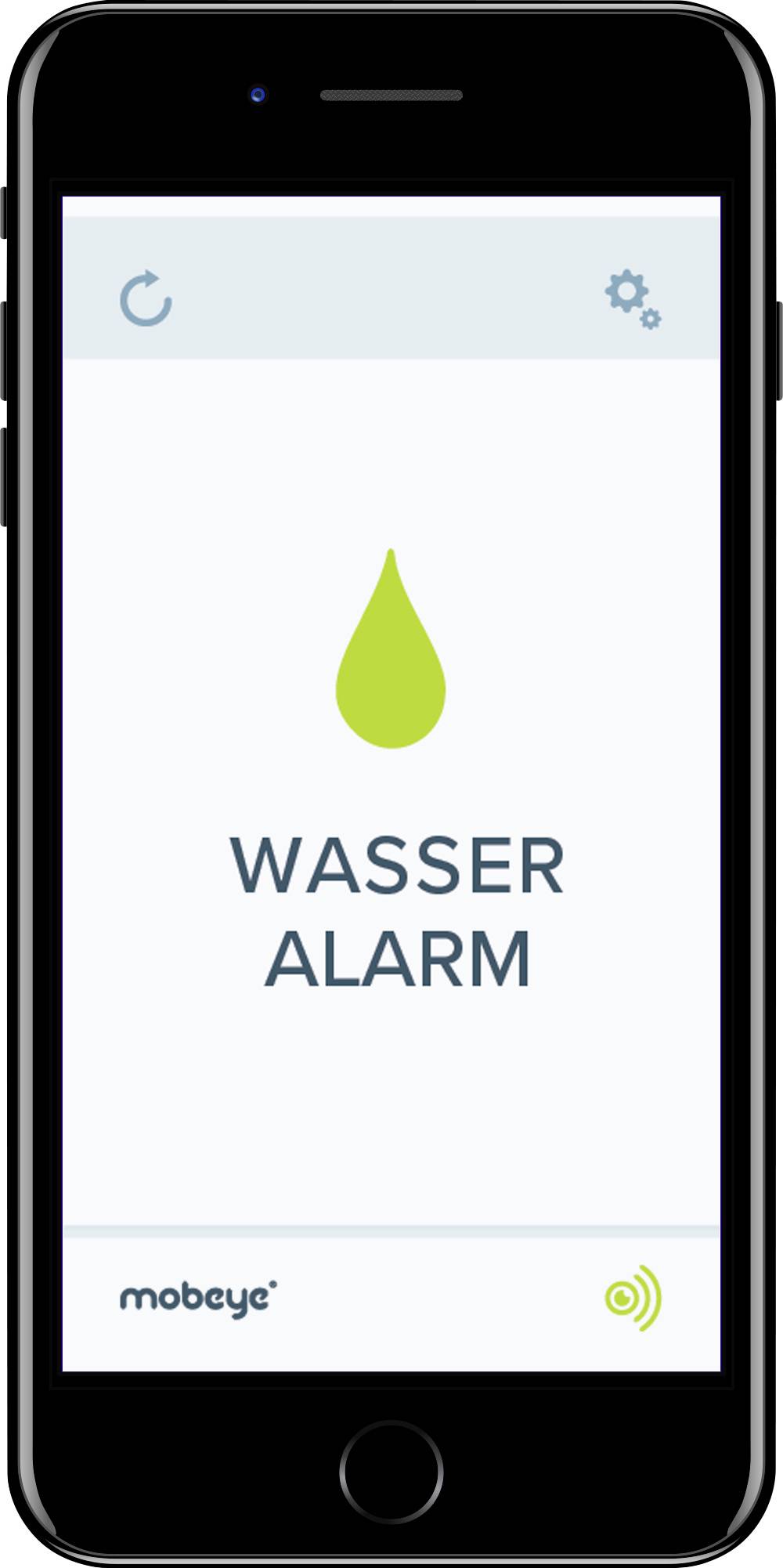 Smartphone-Bildschirm zeigt 'WASSER ALARM' mit Tropfensymbol; deutet auf Wasseralarm-Funktion hin.