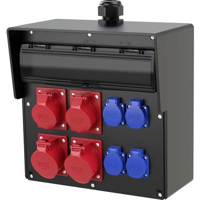 Schwarzer elektrischer Verteilerkasten mit vier roten und vier blauen Steckdosen an der Vorderseite.
