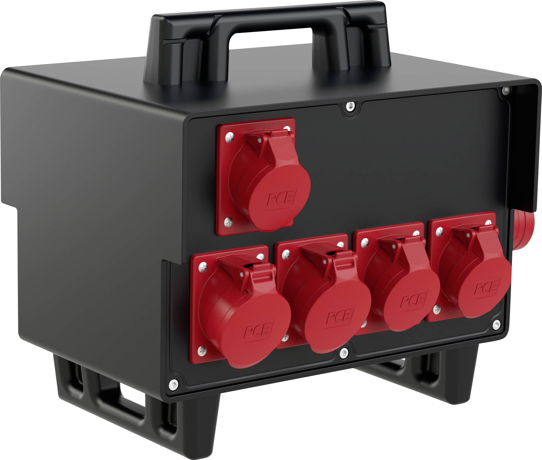 Ein schwarzer Adapterkasten mit sechs roten Steckdosen und Tragegriff, geeignet für industrielle Elektroverkabelung und Stromverteilung.