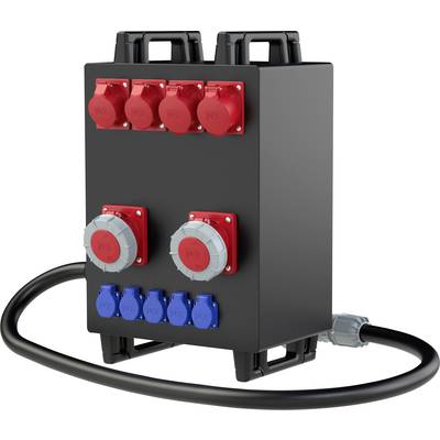 Schwarzer Stromverteiler mit mehreren roten und blauen Steckdosen, seitlich ein Stromkabel. Ideal für Baustellen und Veranstaltungen.