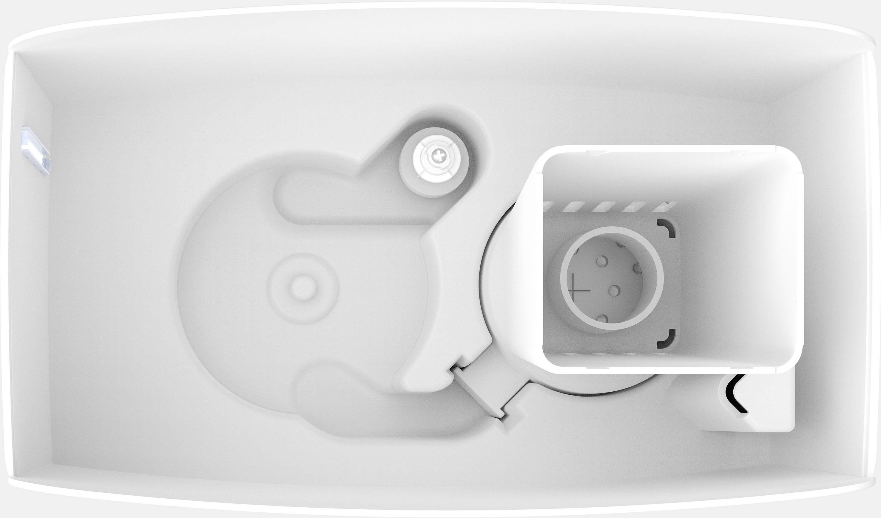 Innenansicht eines leeren weißen Toilettenspülkastens von oben. Sichtbar sind der runde Schwimmer und das rechteckige Spülventil.