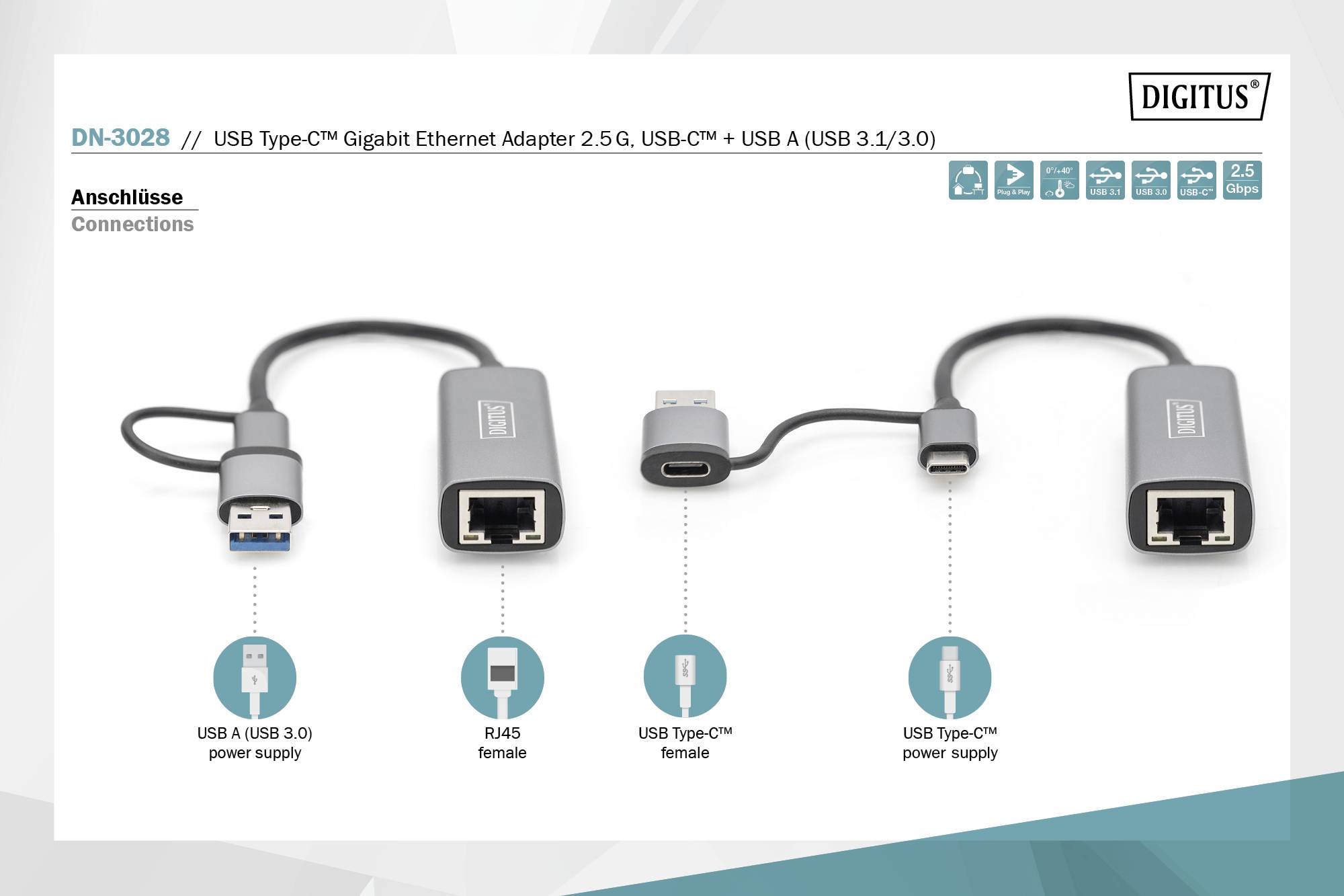 'Drei Adapter mit verschiedenen Anschlüssen: USB Type-A 3.0, RJ45 und USB Type-C Power Delivery.'