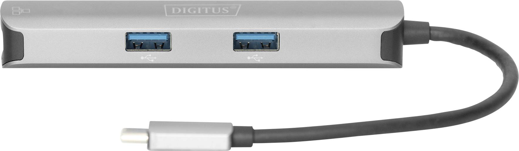 'USB-Hub mit zwei blauen USB-Anschlüssen und einem Kabel. Marke: Digitus. Zum Anschließen mehrerer Geräte an einen Computer.'