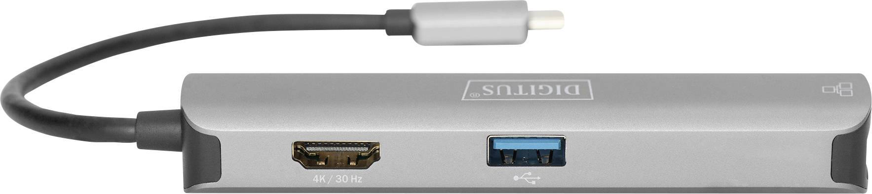 Ein silberner USB-C-Hub mit HDMI-, USB-A- und USB-C-Anschlüssen, geeignet für den Anschluss mehrerer Geräte an einen Computer.