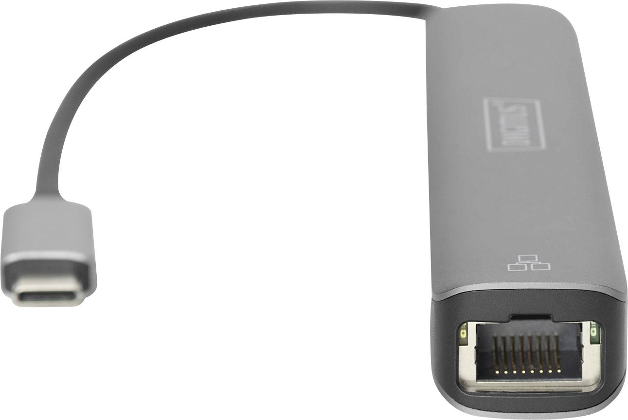 Ein grauer USB-C-auf-Ethernet-Adapter mit Kabel, geeignet für den Anschluss von Geräten an Netzwerke über einen Ethernet-Port.