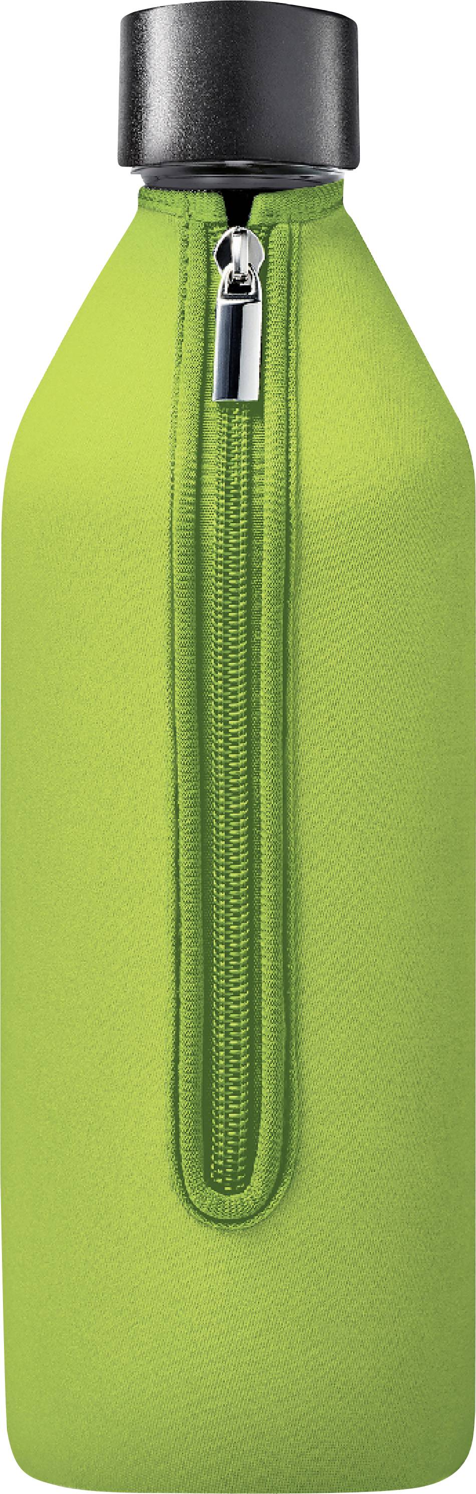 Grüne Wasserflasche mit Reißverschluss, schwarzem Deckel, isolierender Hülle.