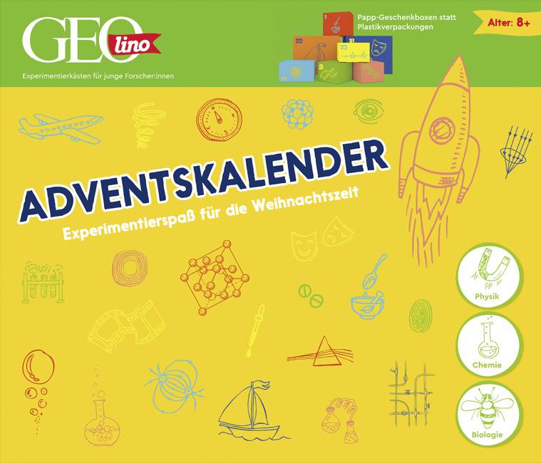 'Adventskalender: Experimentierspaß für die Weihnachtszeit' mit Illustrationen von physikalischen, chemischen und biologischen Themen. Ab 8 Jahren.