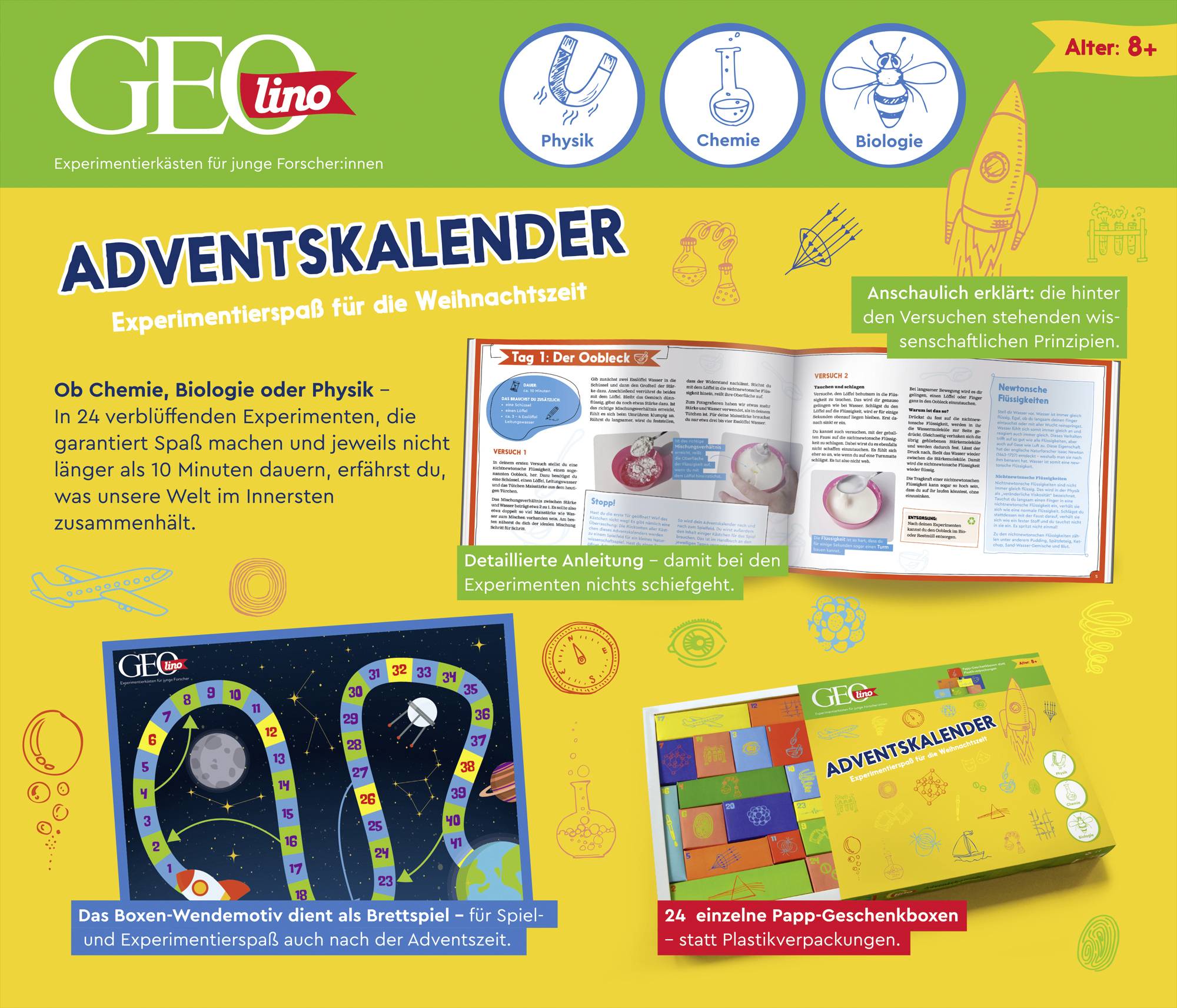 Werbung für 'GEOlino Adventskalender' mit 24 Experimenten für Kinder ab 8 Jahren, basierend auf Physik, Chemie und Biologie.