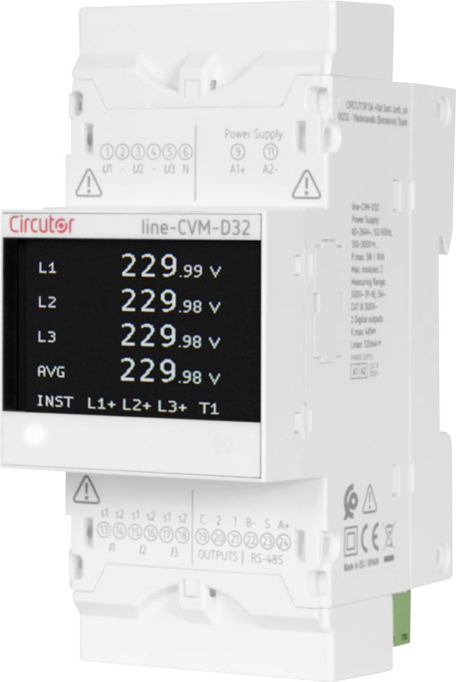 Ein digitales Spannungsanzeigegerät mit einem Display, das Spannungswerte für L1, L2, L3 als 229,99 V, 229,98 V und 229,98 V anzeigt.