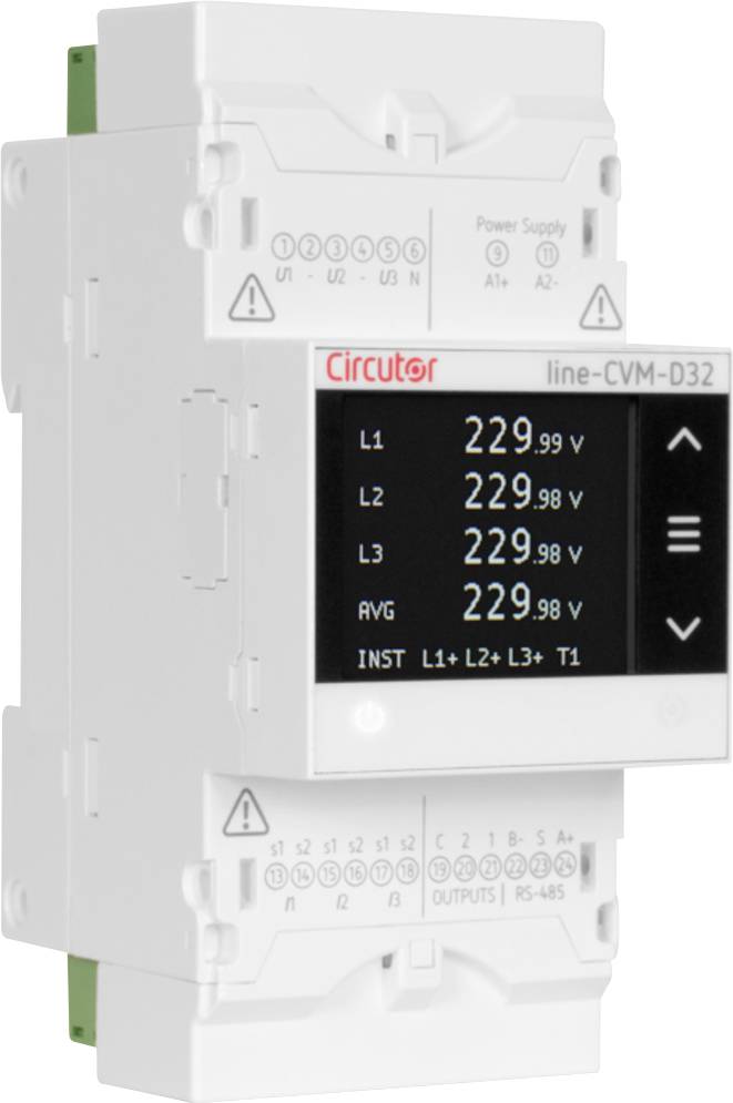 Digitales Messgerät mit Display zeigt Spannungen an: L1 229,99 V, L2 229,98 V, L3 229,98 V, Durchschnitt 229,98 V.