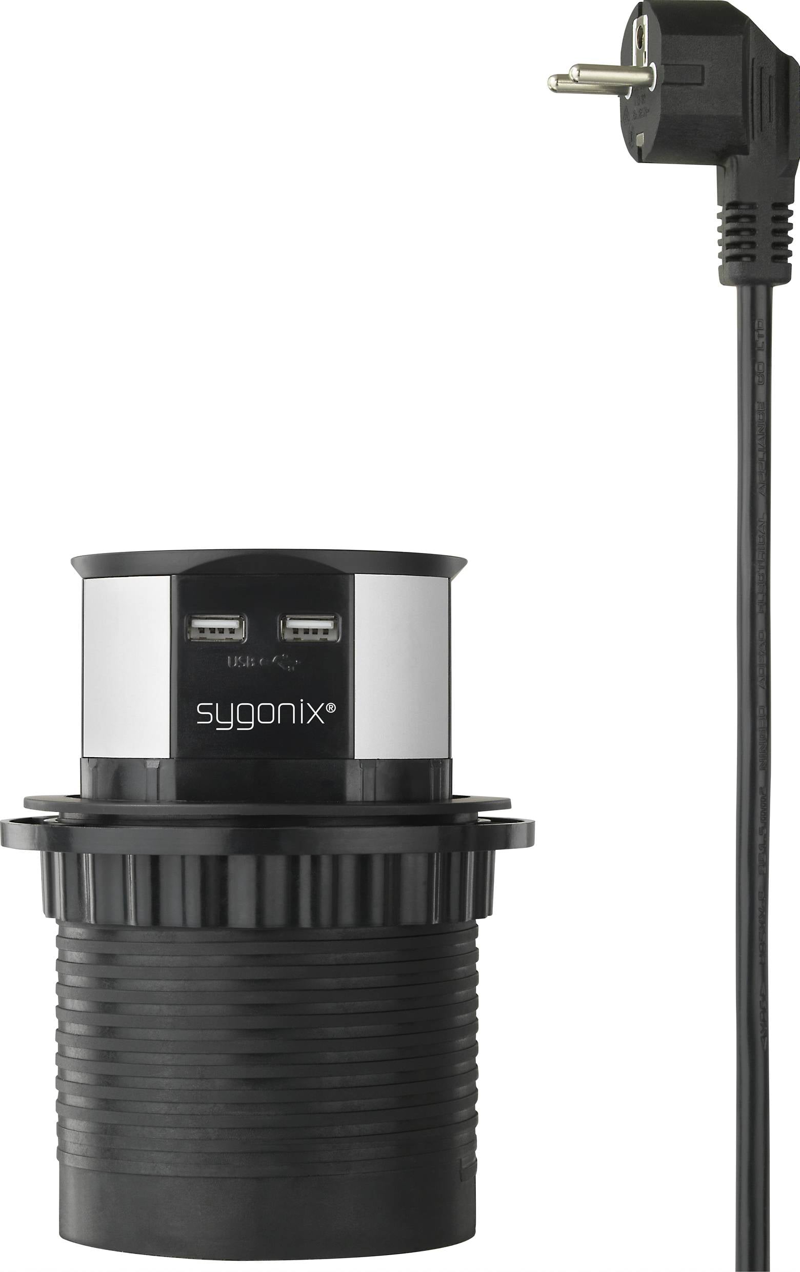 Elektrische versenkbare Stromsäule mit USB-Anschlüssen und EU-Stecker, geeignet für Büros oder Küchen zur Stromversorgung.