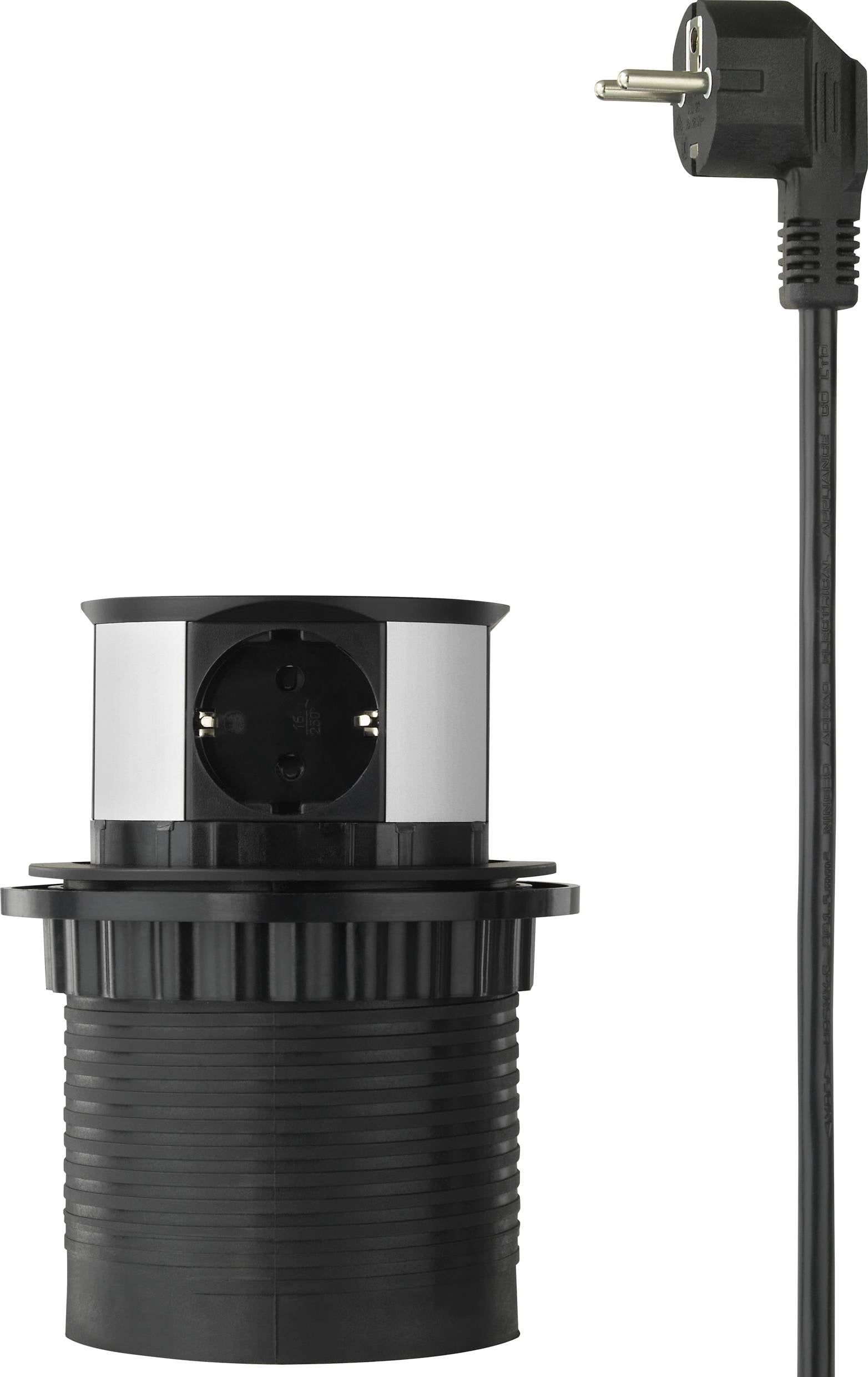 Schwarze versenkbare Steckdose mit Netzstecker, geeignet für den Einbau in Tische oder Arbeitsplatten, um diskret Strom bereitzustellen.