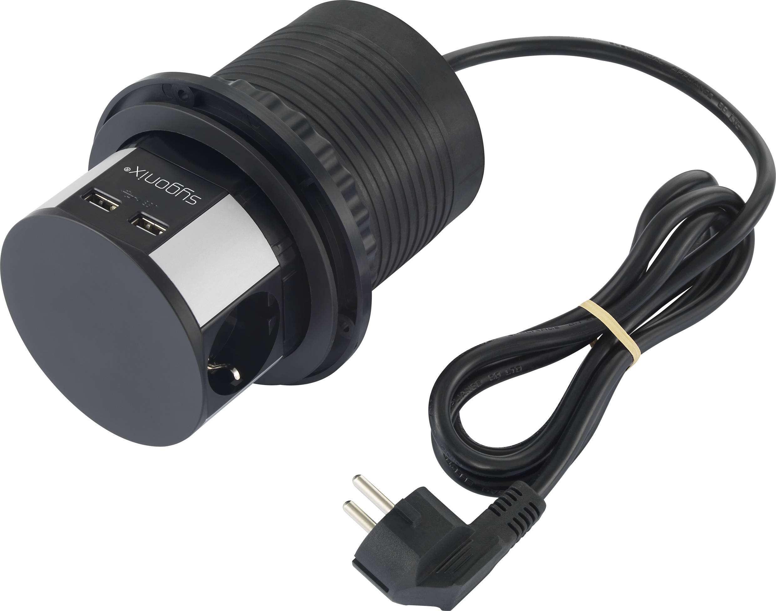 Schwarzer, runder Einbausteckdosenturm mit zwei USB-Anschlüssen und einem Netzkabel. Ideal für flexible Stromversorgung am Arbeitsplatz.