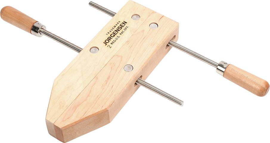 Ein Holzschraubzwinge mit zwei Metallspindeln und hölzernen Griffen liegt flach. Sie wird zum Festhalten von Werkstücken verwendet.