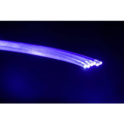 Blaue Glasfaserkabel leuchten in dunkler Umgebung und symbolisieren schnelle Internetverbindungen und modernste Technologie.