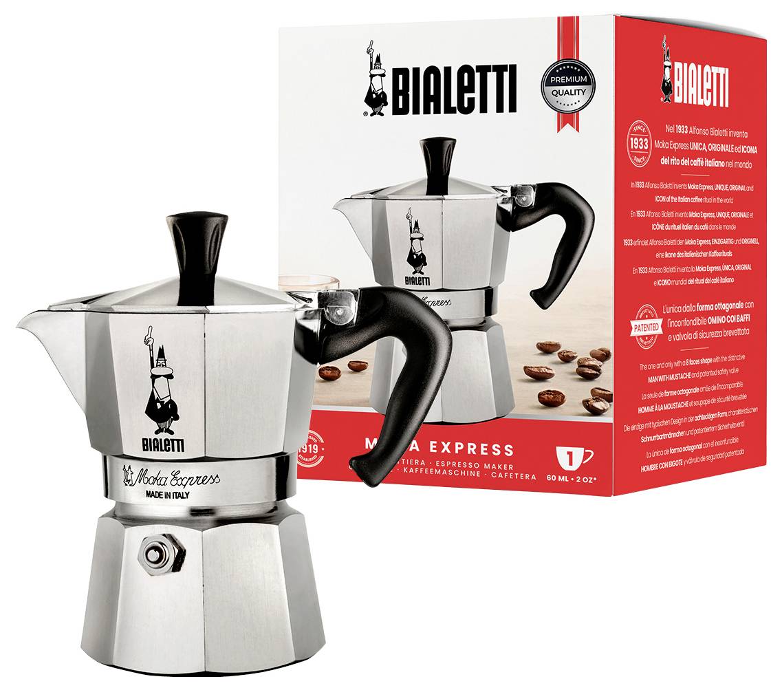 Eine Bialetti Moka Express Kaffeemaschine neben ihrer Verpackung, wobei Schlüsselmerkmale wie ‚Made in Italy' und ‚Mocha, Espresso Maker' hervorgehoben werden.