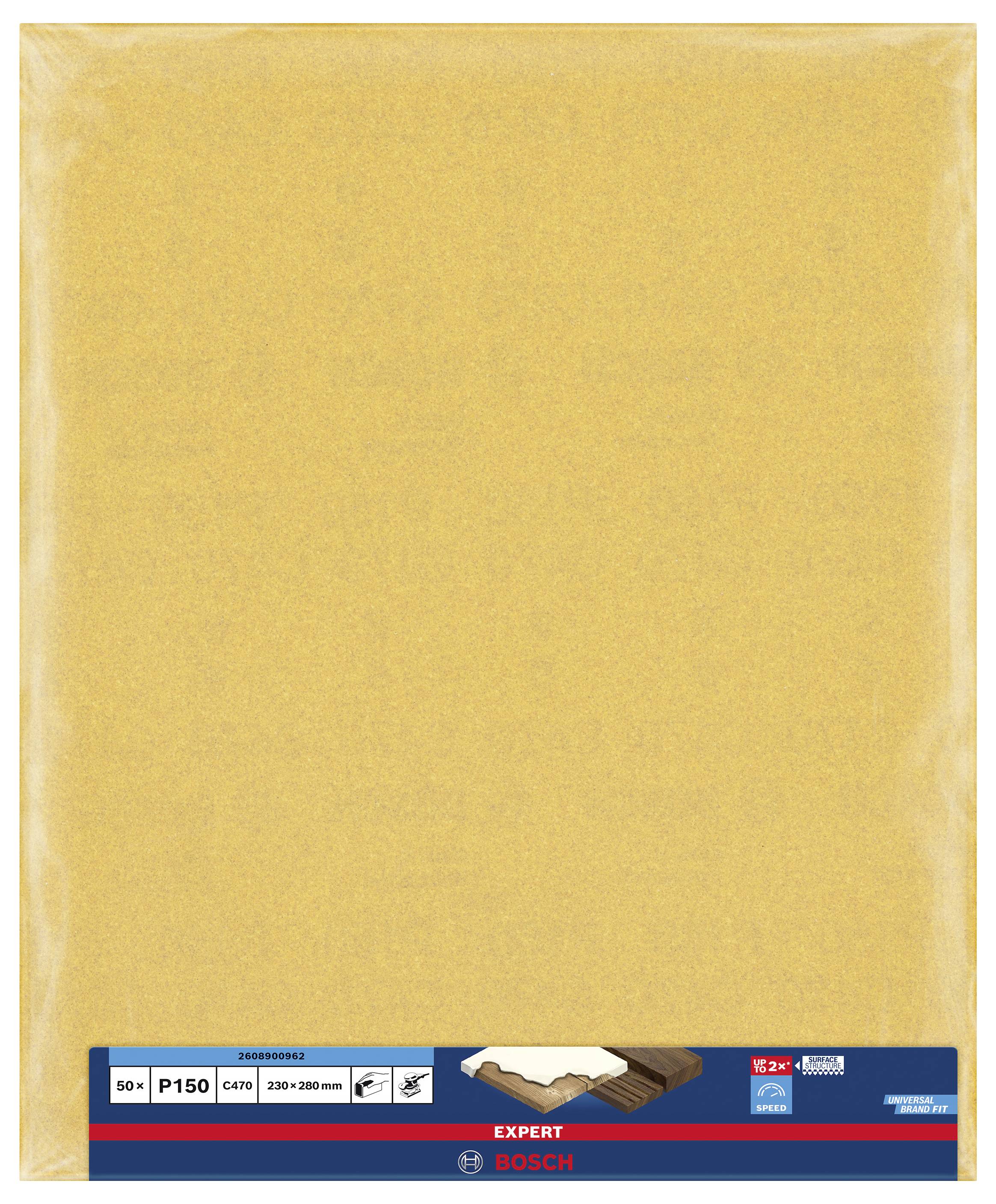 Ein Schleifpapierbogen der Marke Bosch, Körnung P150, Größe 230 x 280 mm, geeignet für Holzbearbeitung.