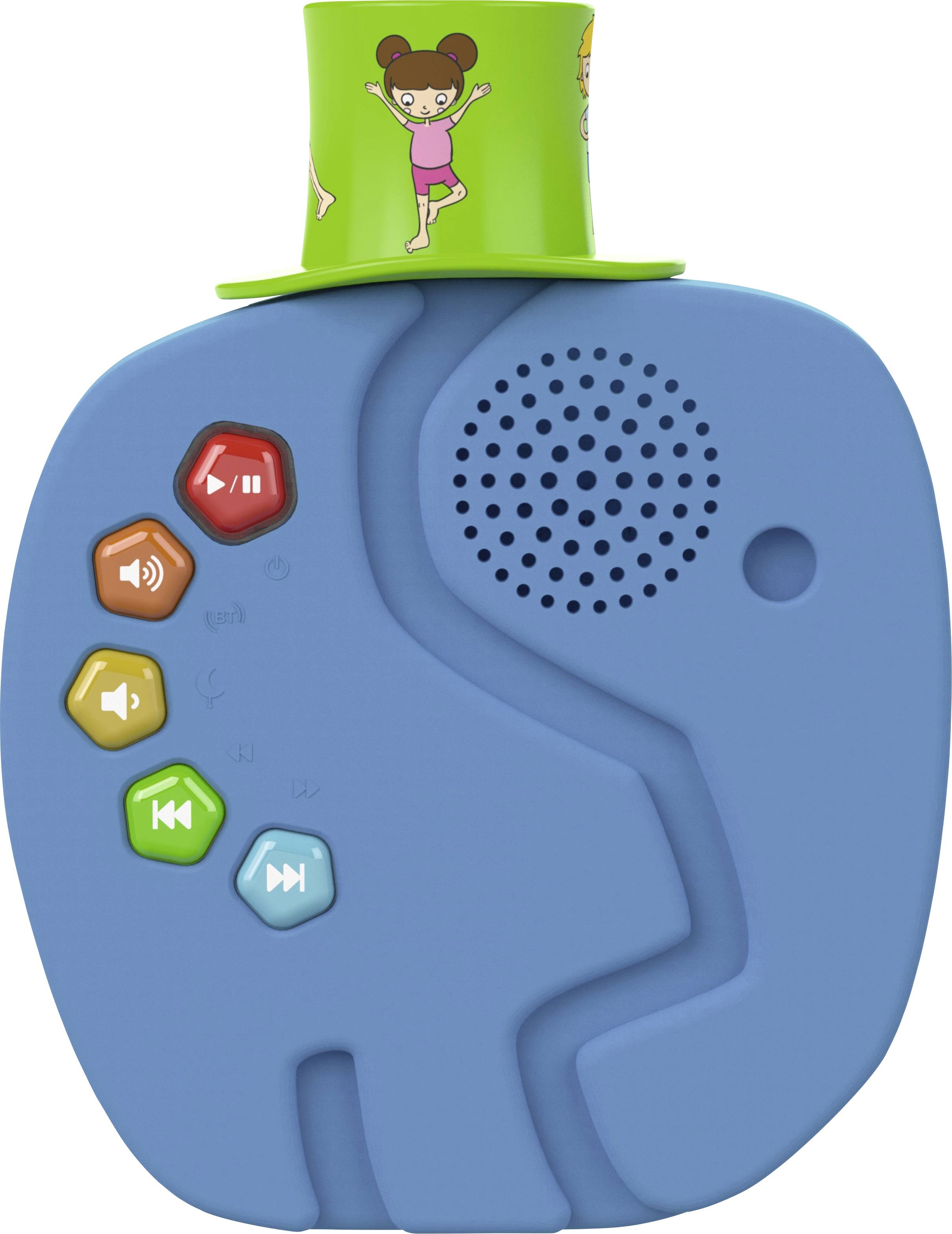Blaues, elefantenförmiges Audiogerät für Kinder mit bunten Tasten und eingebautem Lautsprecher. Grünes Element mit tanzenden Figuren.