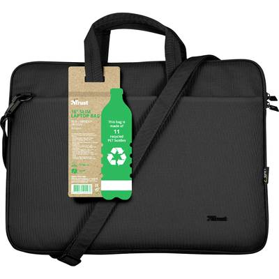 Schwarze Laptop-Tasche mit Griffen und Schultergurt, Etikett zeigt, dass sie aus 11 recycelten PET-Flaschen hergestellt wurde.