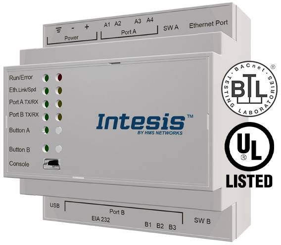 Ein graues Modem mit Lichtern für Run/Error, Eth.Link/Spd, Port A/B TX/RX. Logo 'Intesis' und Zertifizierungen.