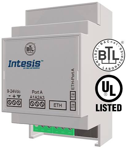 Ein weißes Intesis-Gateway-Modul mit Anschlüssen und LED-Anzeigen, gekennzeichnet für BACnet und UL-zertifiziert.