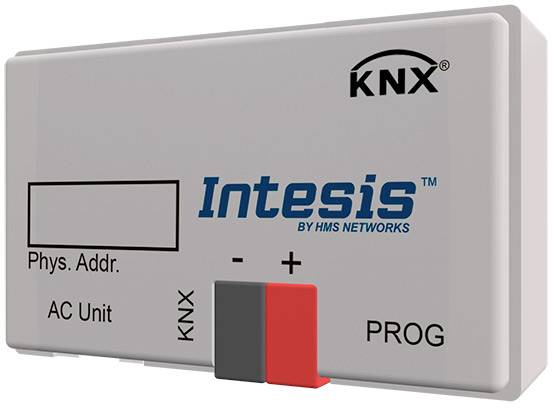 Ein KNX Intesis Gerät für Klimaanlagenintegration mit Anschlüssen für physische Adresse, KNX und Programmiertaste.