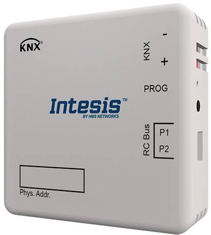 Steuergerät zur Integration von KNX-Systemen, beschriftet mit 'Intesis' und 'RC Bus', zeigt Eingänge P1 und P2 sowie Phys. Addr.