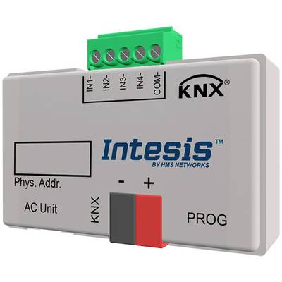 'Intesis KNX-Modul' mit Anschlüssen und Beschriftungen für physische Adresse, 'AC Unit', 'IN1-IN4', 'COM', 'KNX' und 'PROG'.