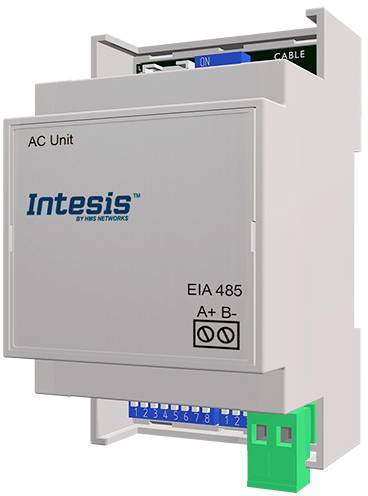 'Intesis AC Unit'-Modul, Modell EIA 485, zur Steuerung von Klimaanlagen. Zeigt Anschlussklemmen und LED-Anzeigen für Status.