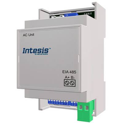 'Intesis AC Unit'-Modul, Modell EIA 485, zur Steuerung von Klimaanlagen. Zeigt Anschlussklemmen und LED-Anzeigen für Status.