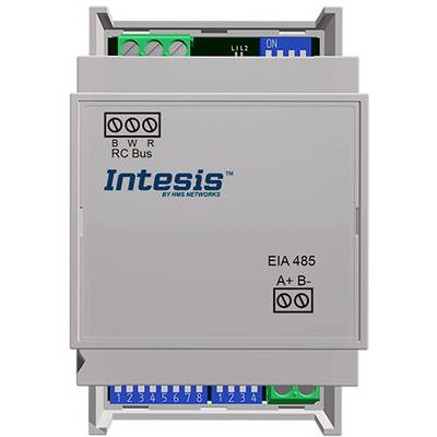 Ein graues Gerät mit dem Logo 'Intesis' auf der Vorderseite, zeigt Anschlüsse und Schalter für RC-Bus und EIA 485.