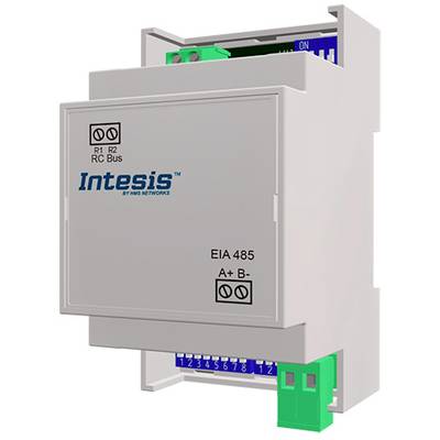 Kompaktes weißes Gerät von Intesis für EIA 485 Kommunikation, mit grünen Anschlüssen und blauer Beschriftung 'Intesis™'.
