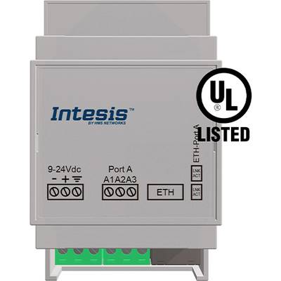 Ein graues elektronisches Gerät mit der Aufschrift 'Intesis'. Es hat Anschlüsse für 'Port A' und 'ETH', sowie eine 'UL Listed'-Kennzeichnung.