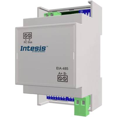 'Intesis' EIA 485 RC Bus Schnittstellenmodul zur Integration und Steuerung in Gebäudemanagementsystemen. Hauptschalter und Anschlüsse sichtbar.