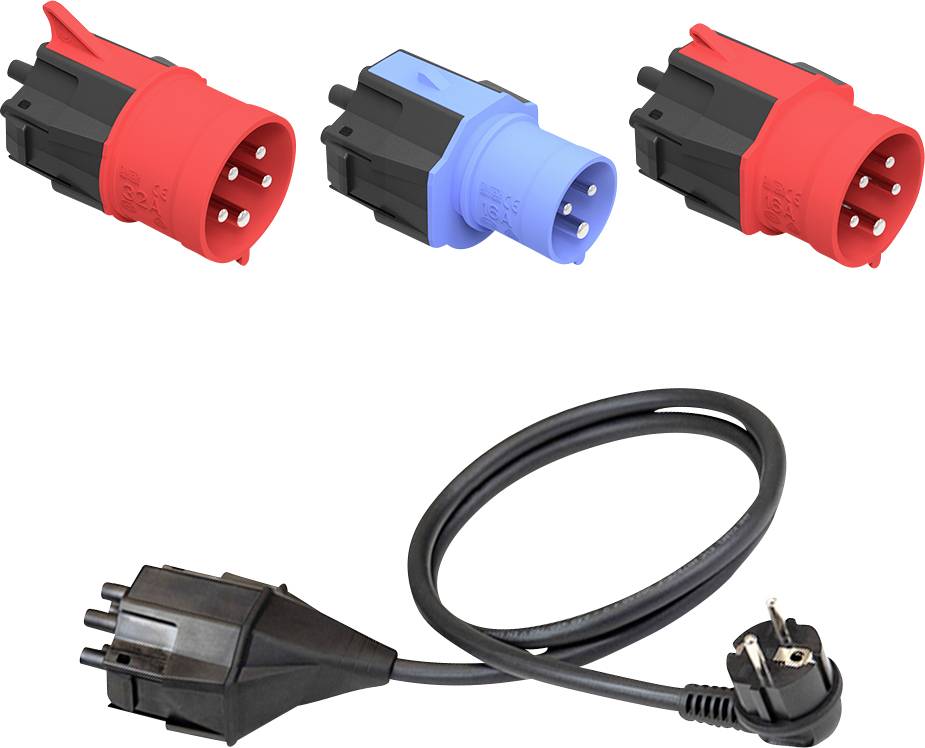 'Drei rote und blaue industrielle Steckverbinder oberhalb eines schwarzen Stromkabels mit Stecker.'