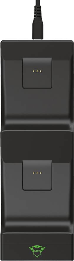 Schwarzes Ladegerät mit zwei Steckplätzen und einem angeschlossenen Kabel, Logo in grün unten, geeignet für gleichzeitiges Laden.