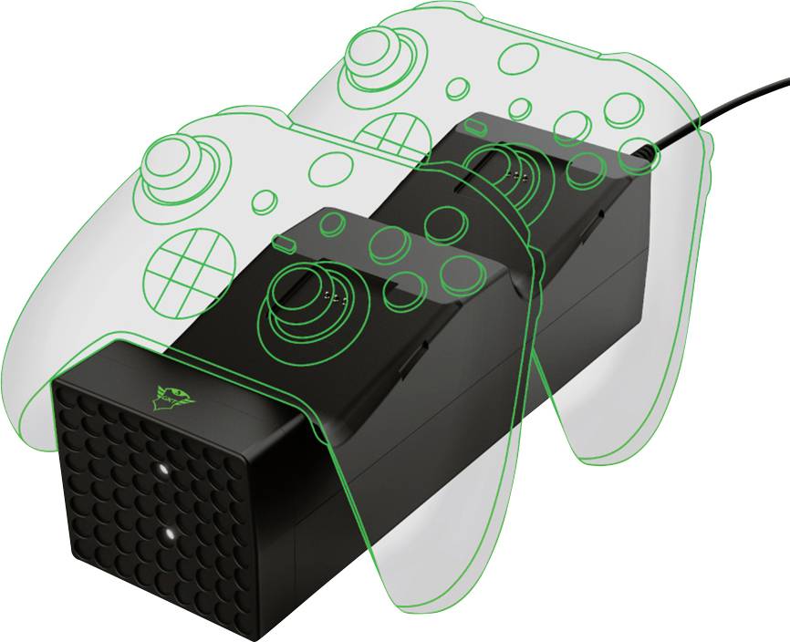 Ein Doppelladegerät für Controller mit einem eingezeichneten grünen Umriss von zwei Gamecontrollern, die darauf platziert sind.