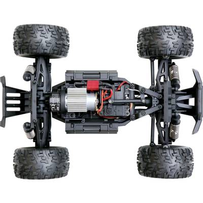 RC-Autochassis von oben, zeigt elektrische Bauteile und Räder.