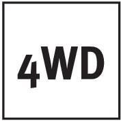 'Nutzer-Symbol für Allradantrieb (4WD), auf schwarzem Quadrat, weiße Schrift, hebt Fahrzeugmerkmal für offroad Leistungsfähigkeit hervor.'