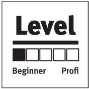 'Level' Anzeige mit fünf Rechtecken, eins gefüllt. Darunter die Wörter 'Beginner' und 'Profi'.