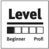 'Level' Anzeige mit fünf Rechtecken, eins gefüllt. Darunter die Wörter 'Beginner' und 'Profi'.