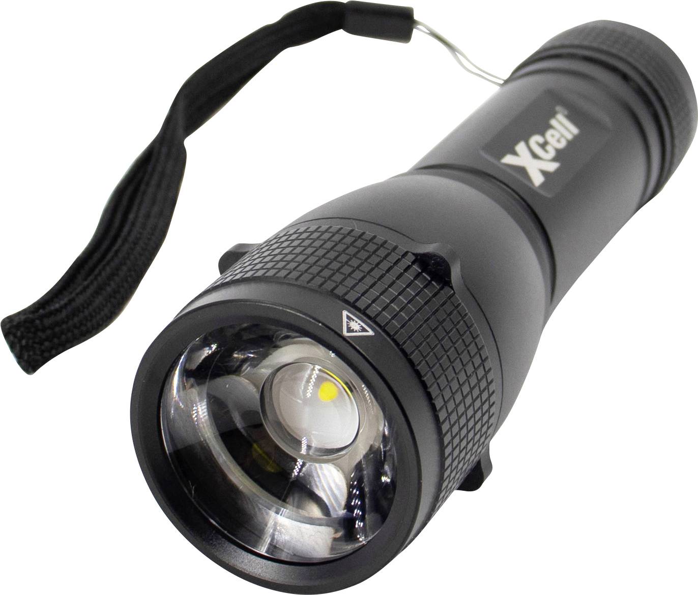 Eine schwarze Taschenlampe mit Trageschlaufe, leuchtend mit einer LED-Glühbirne, dargestellt in einem diagonalen Winkel.