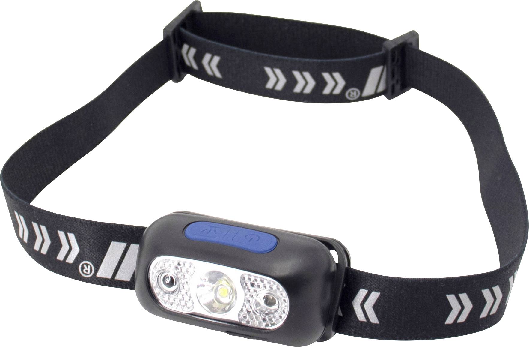 Schwarze Stirnlampe mit verstellbarem Band und weißen Pfeilmustern; zwei LED-Leuchten auf der Vorderseite.